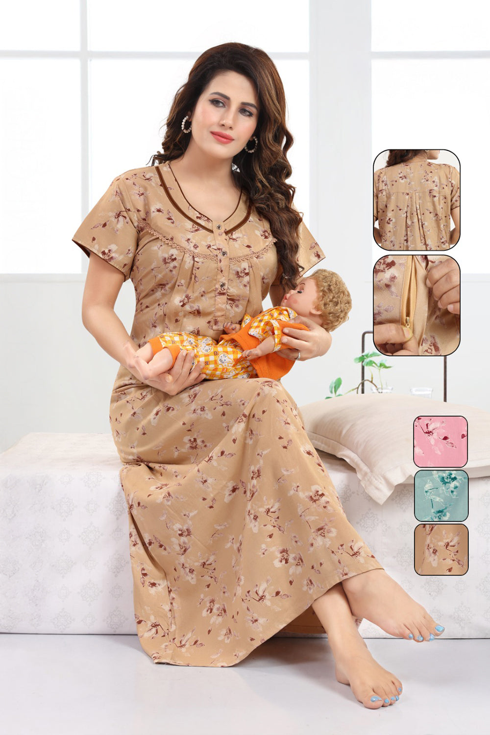 Women’s Cotton Blend Feeding Nighty | Printed Full Length Nursing Night Dress with Round Neck & Short Sleeves | Regular Fit Maternity & Feeding Nightwear - 2878