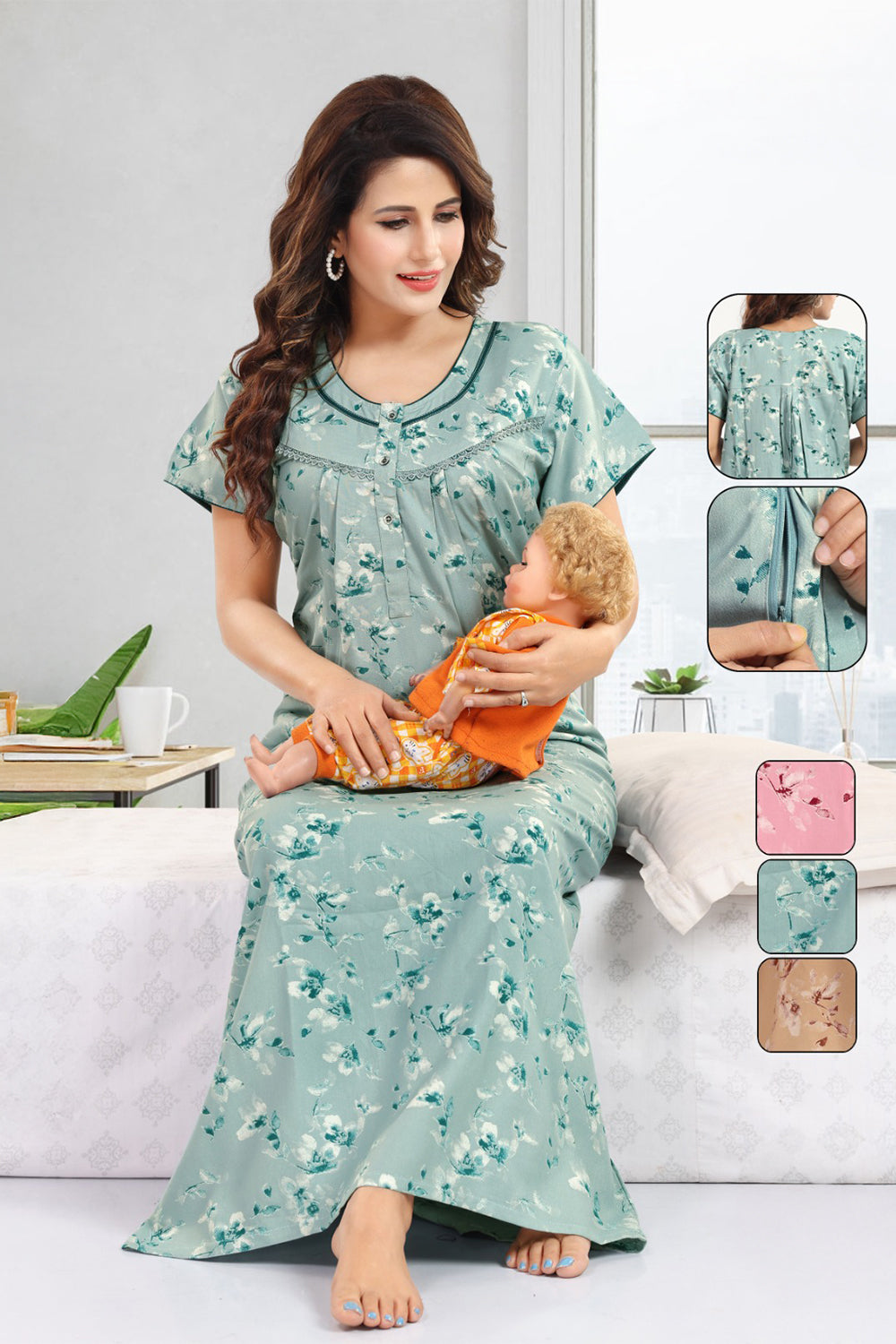 Women’s Cotton Blend Feeding Nighty | Printed Full Length Nursing Night Dress with Round Neck & Short Sleeves | Regular Fit Maternity & Feeding Nightwear - 2878