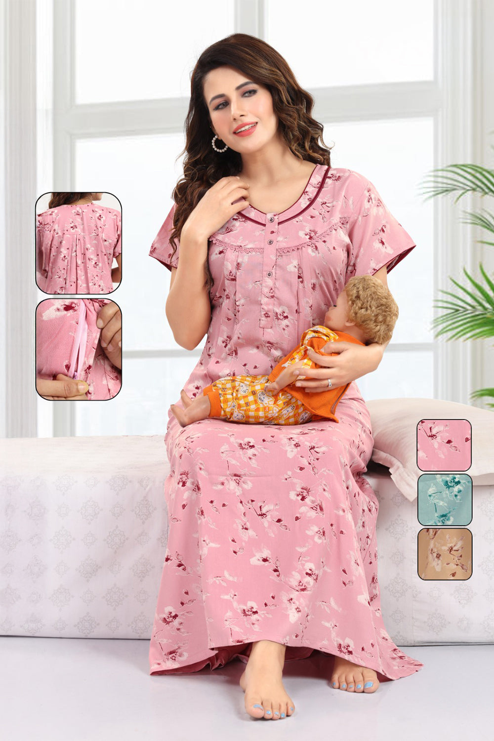 Women’s Cotton Blend Feeding Nighty | Printed Full Length Nursing Night Dress with Round Neck & Short Sleeves | Regular Fit Maternity & Feeding Nightwear - 2878