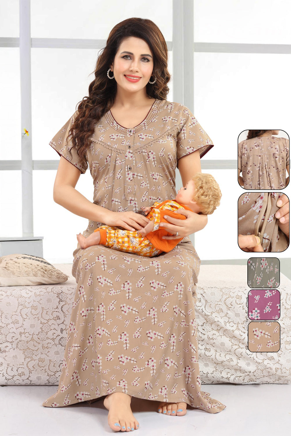 Women’s Cotton Blend Feeding Nighty | Printed Full Length Nursing Night Dress with Round Neck & Short Sleeves | Regular Fit Maternity & Feeding Nightwear - 2879