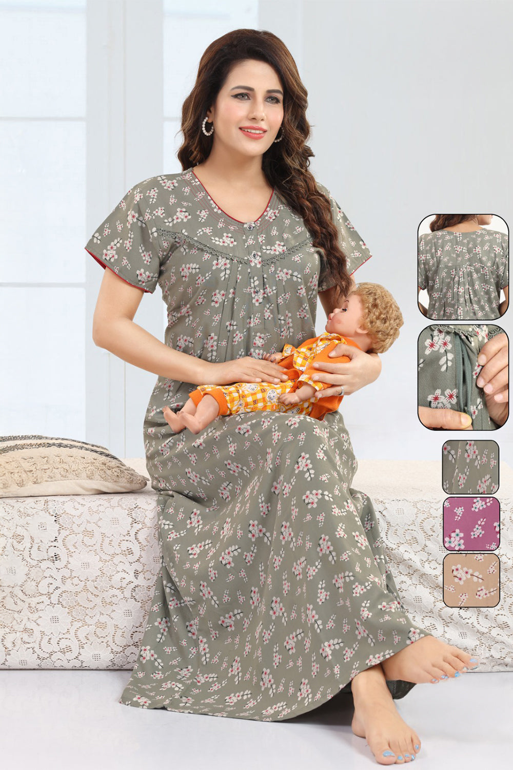 Women’s Cotton Blend Feeding Nighty | Printed Full Length Nursing Night Dress with Round Neck & Short Sleeves | Regular Fit Maternity & Feeding Nightwear - 2879