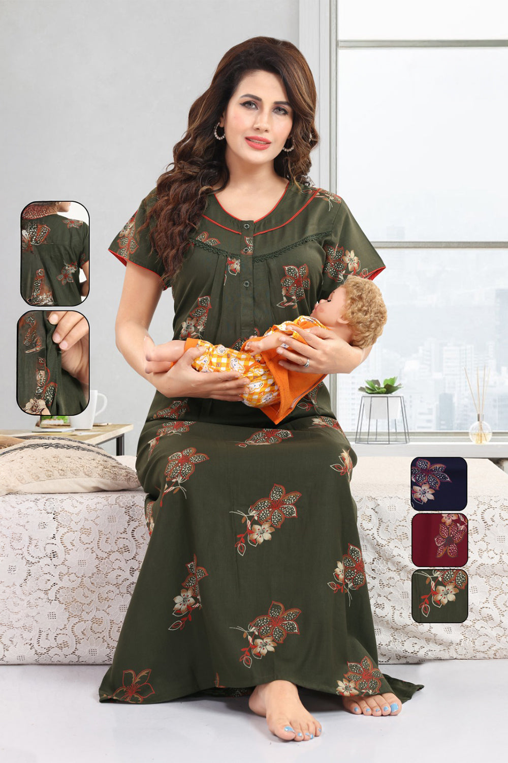Women’s Cotton Blend Feeding Nighty | Printed Full Length Nursing Night Dress with Round Neck & Short Sleeves | Regular Fit Maternity & Feeding Nightwear - 2881