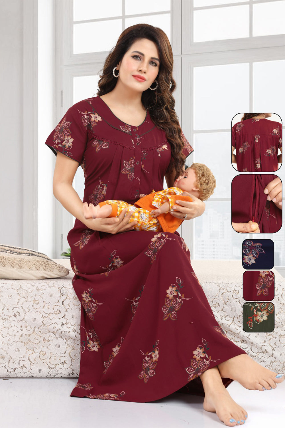 Women’s Cotton Blend Feeding Nighty | Printed Full Length Nursing Night Dress with Round Neck & Short Sleeves | Regular Fit Maternity & Feeding Nightwear - 2881