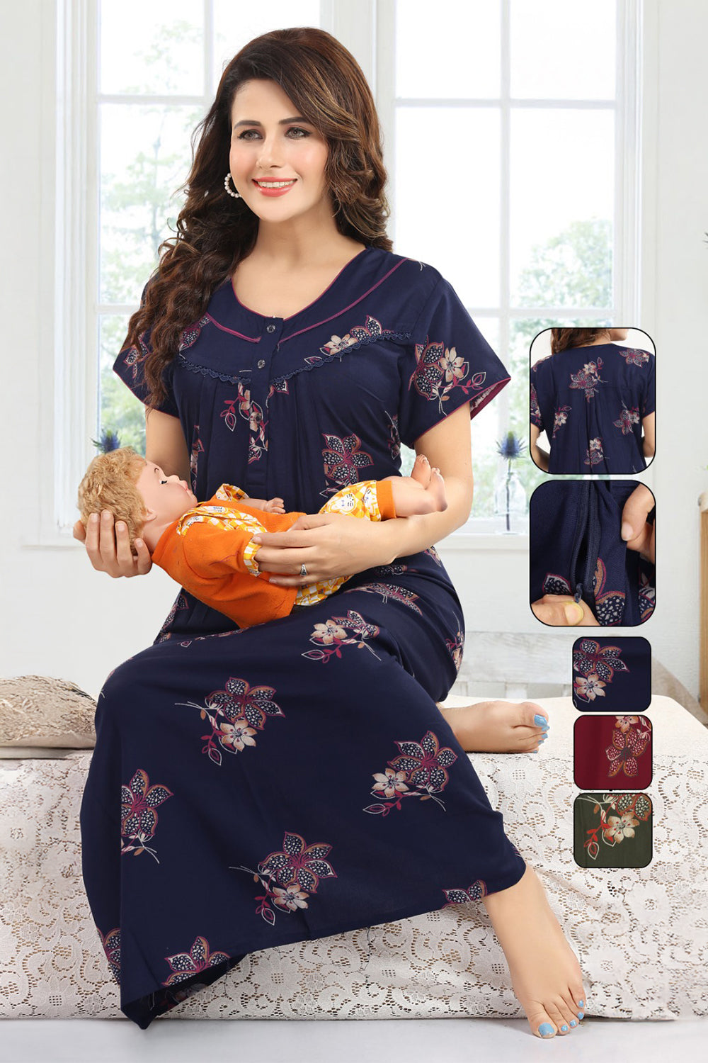 Women’s Cotton Blend Feeding Nighty | Printed Full Length Nursing Night Dress with Round Neck & Short Sleeves | Regular Fit Maternity & Feeding Nightwear - 2881