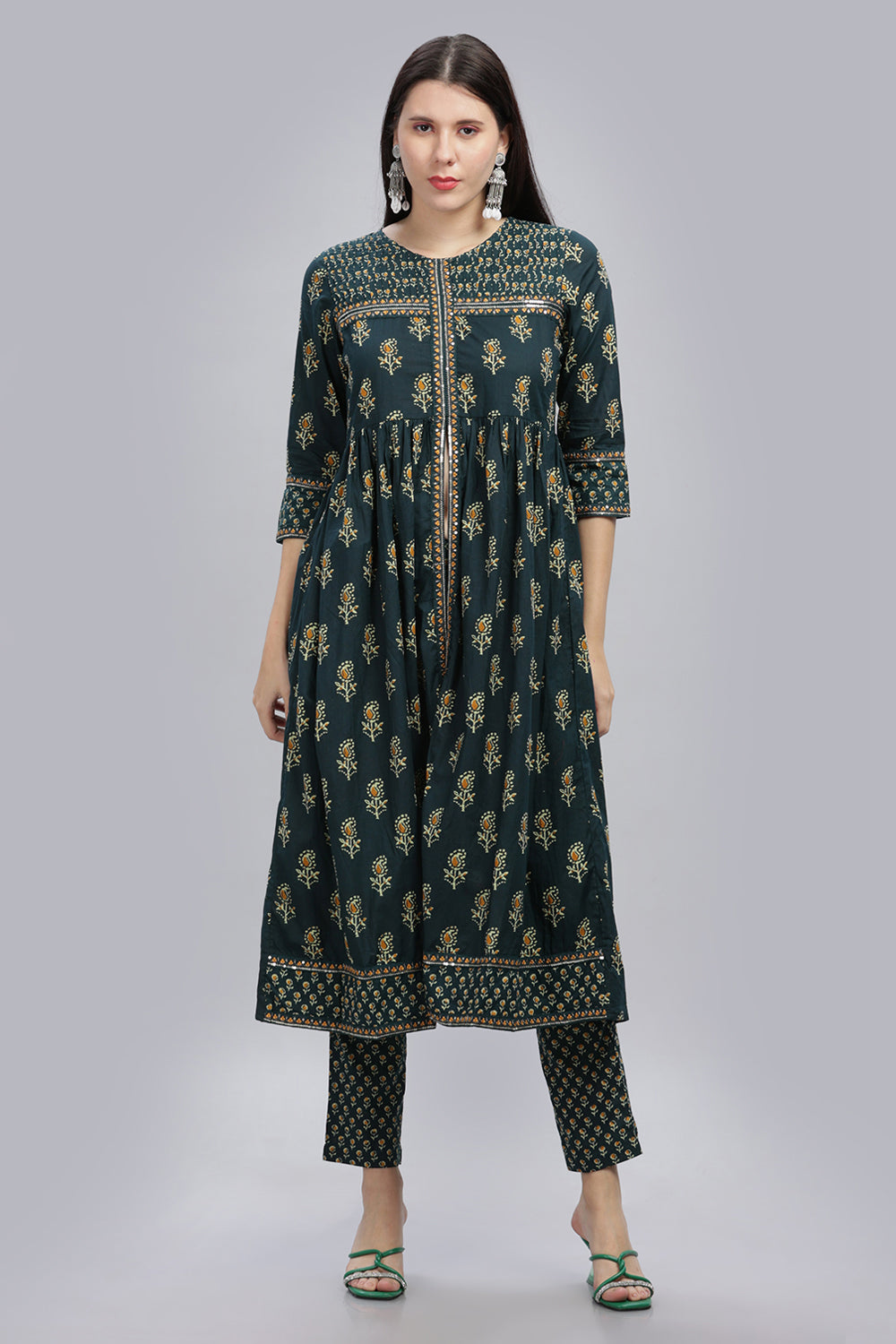 Mythri Women’s Casual Kurta Set Round Neck Printed Straight Cut Cotton Kurta - Green - SS01