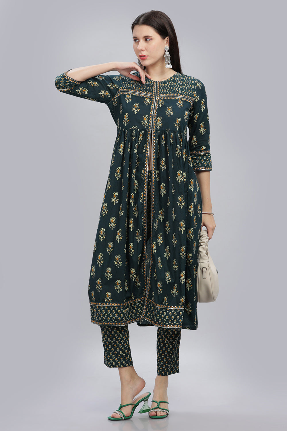 Mythri Women’s Casual Kurta Set Round Neck Printed Straight Cut Cotton Kurta - Green - SS01