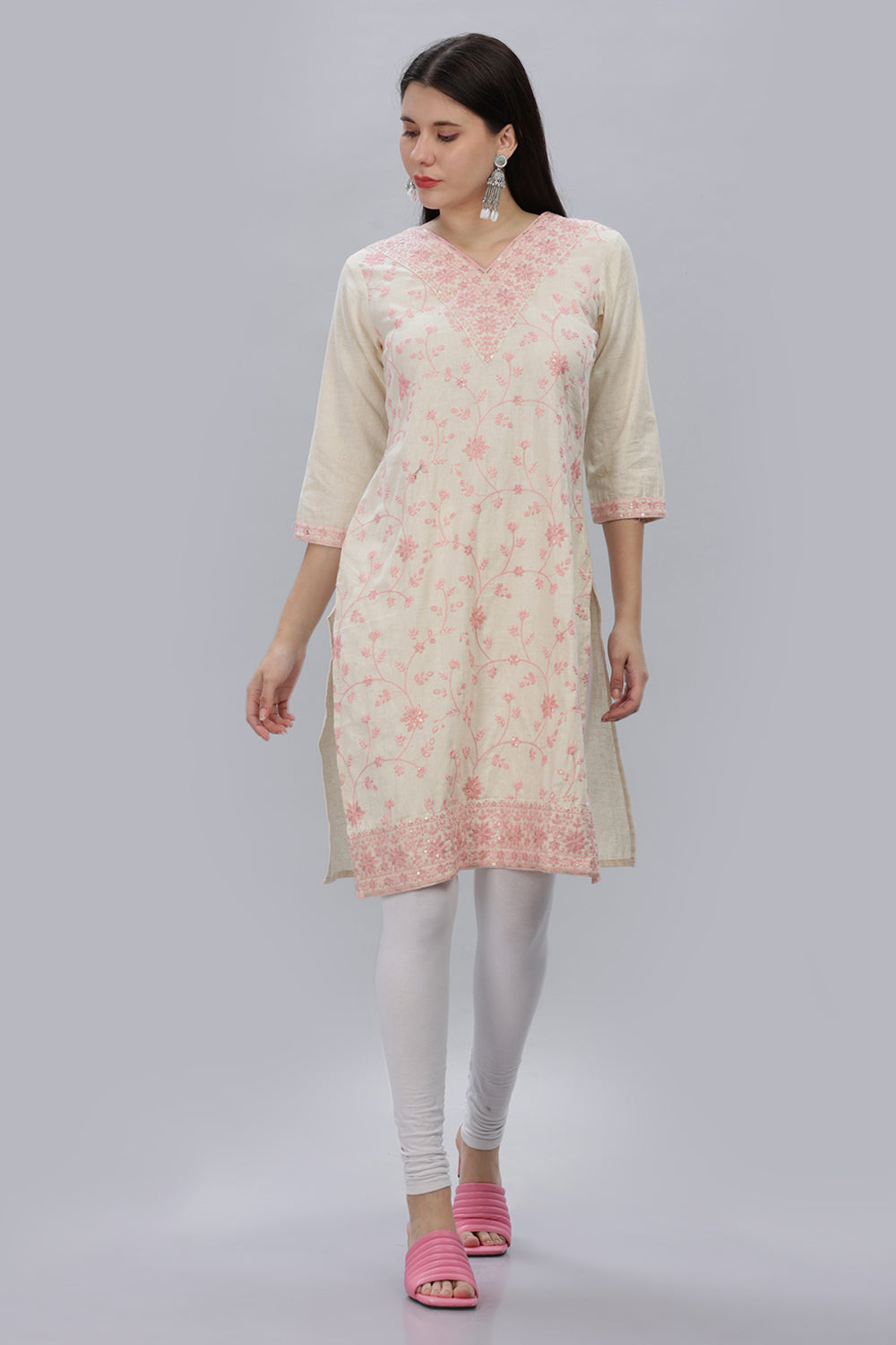 Mythri V Neck Embroidered Kurta With 3/4th Sleeves  - Pink - KU12