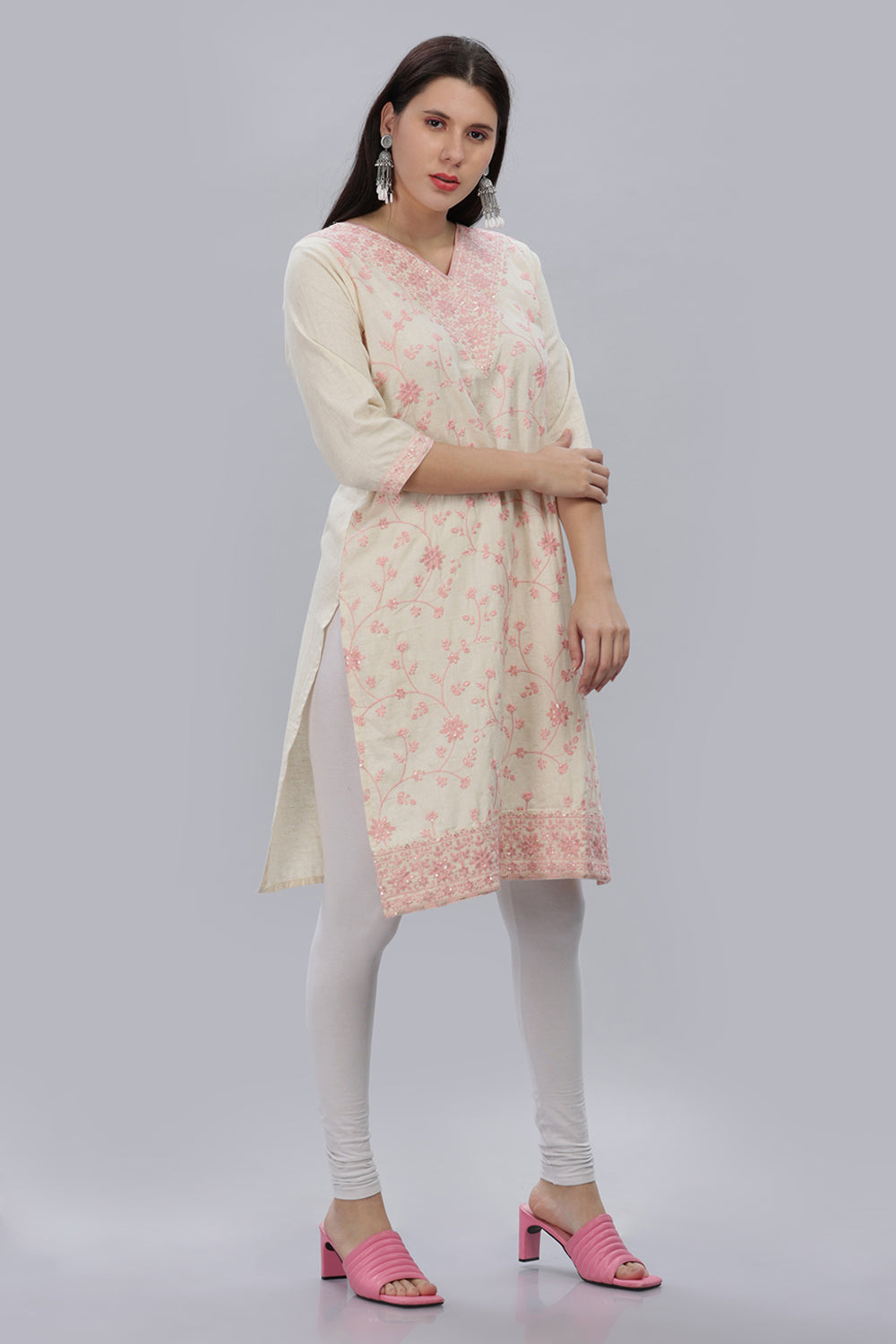 Mythri V Neck Embroidered Kurta With 3/4th Sleeves  - Pink - KU12