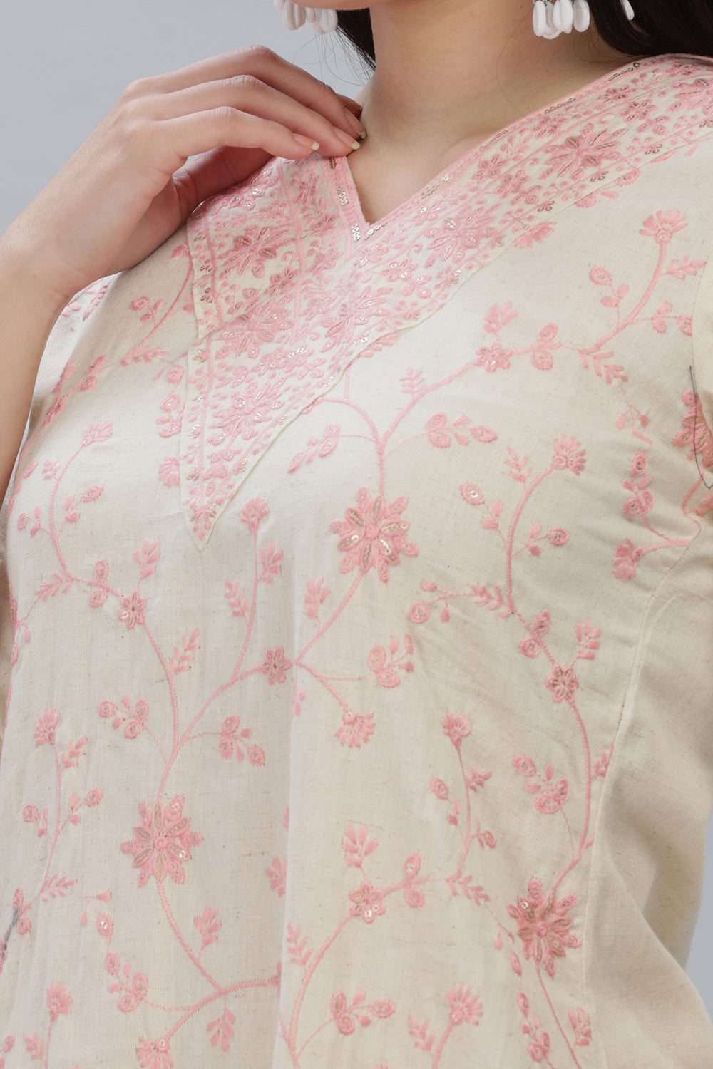 Mythri V Neck Embroidered Kurta With 3/4th Sleeves  - Pink - KU12