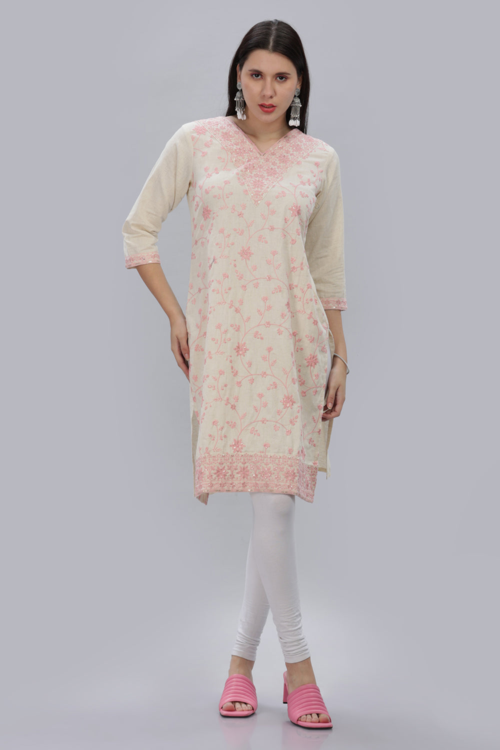 Mythri V Neck Embroidered Kurta With 3/4th Sleeves  - Pink - KU12