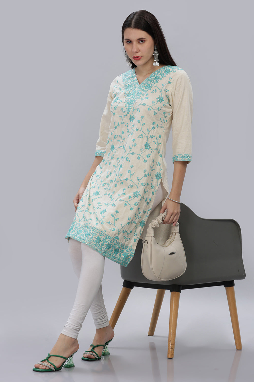 Mythri V Neck Embroidered Kurta With 3/4th Sleeves  - Sky Blue - KU11