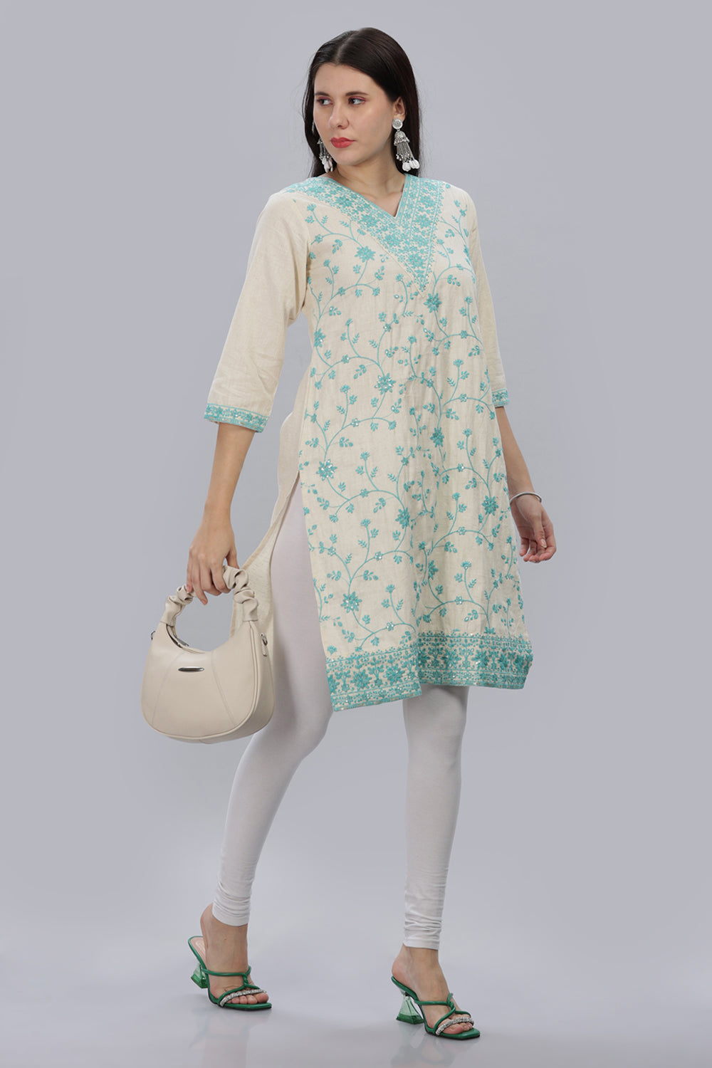 Mythri V Neck Embroidered Kurta With 3/4th Sleeves  - Sky Blue - KU11