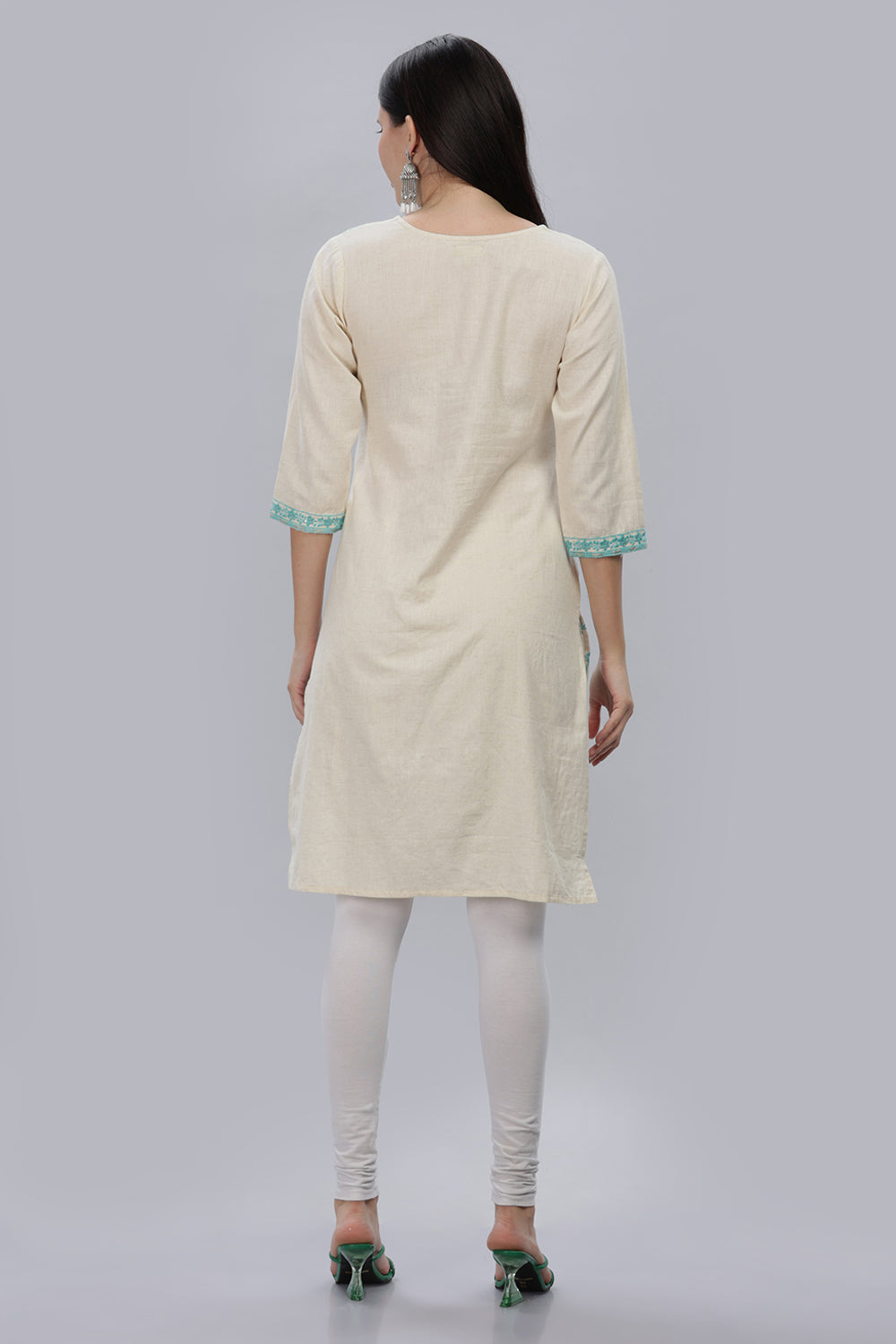 Mythri V Neck Embroidered Kurta With 3/4th Sleeves  - Sky Blue - KU11