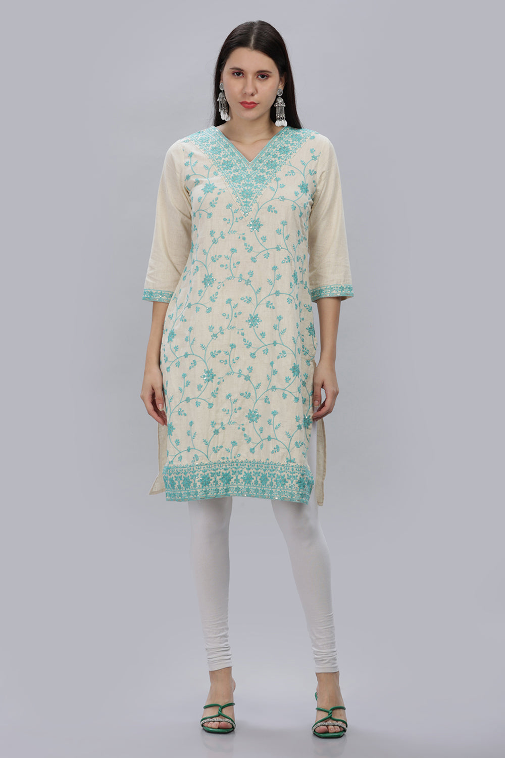 Mythri V Neck Embroidered Kurta With 3/4th Sleeves  - Sky Blue - KU11