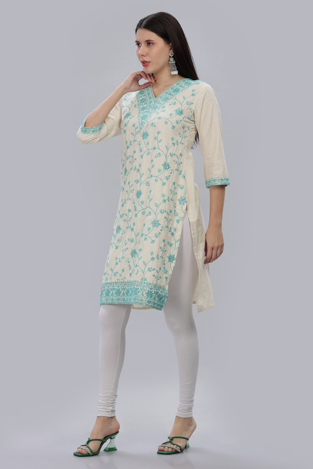 Mythri V Neck Embroidered Kurta With 3/4th Sleeves  - Sky Blue - KU11