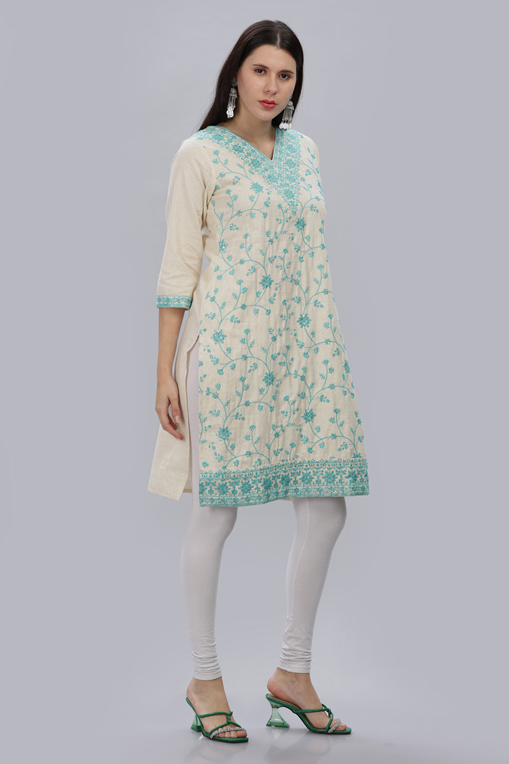 Mythri V Neck Embroidered Kurta With 3/4th Sleeves  - Sky Blue - KU11