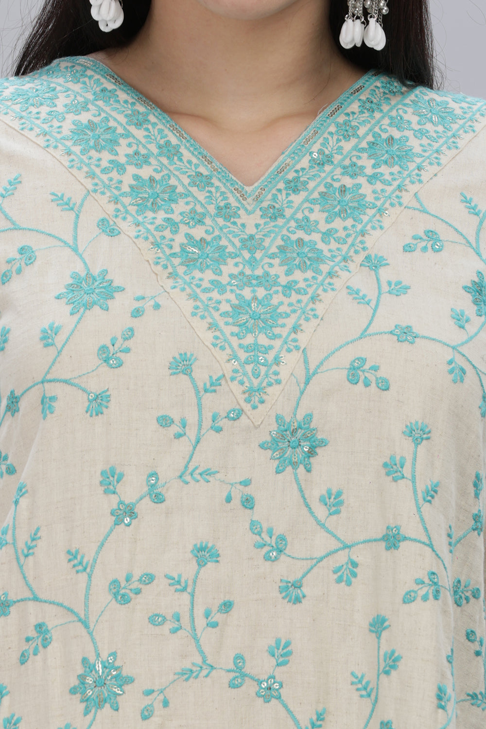 Mythri V Neck Embroidered Kurta With 3/4th Sleeves  - Sky Blue - KU11