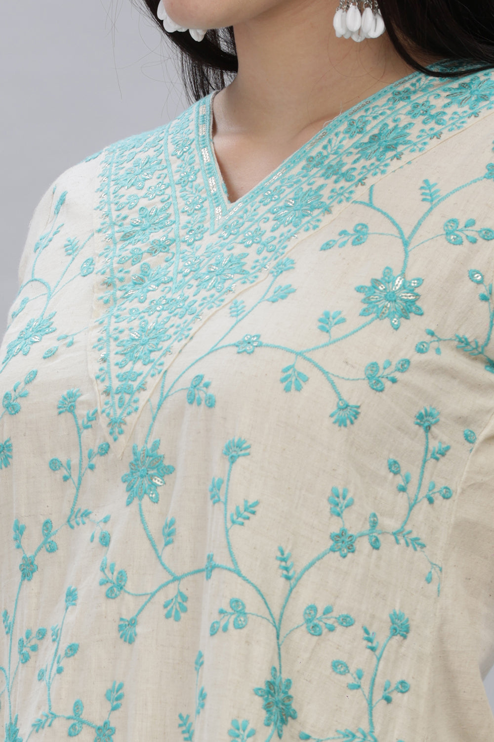 Mythri V Neck Embroidered Kurta With 3/4th Sleeves  - Sky Blue - KU11