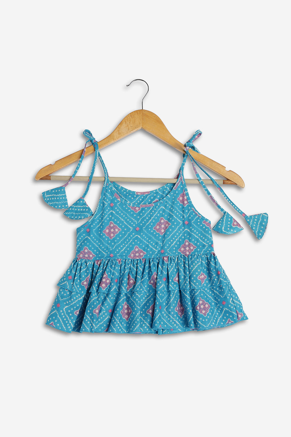 Chittythali Girls Cotton Bandhani Pavadai Set | Layered Peplum Top & Kali Skirt | Traditional Ethnic Pattu Pavadai Style Dress for Girls - PS26