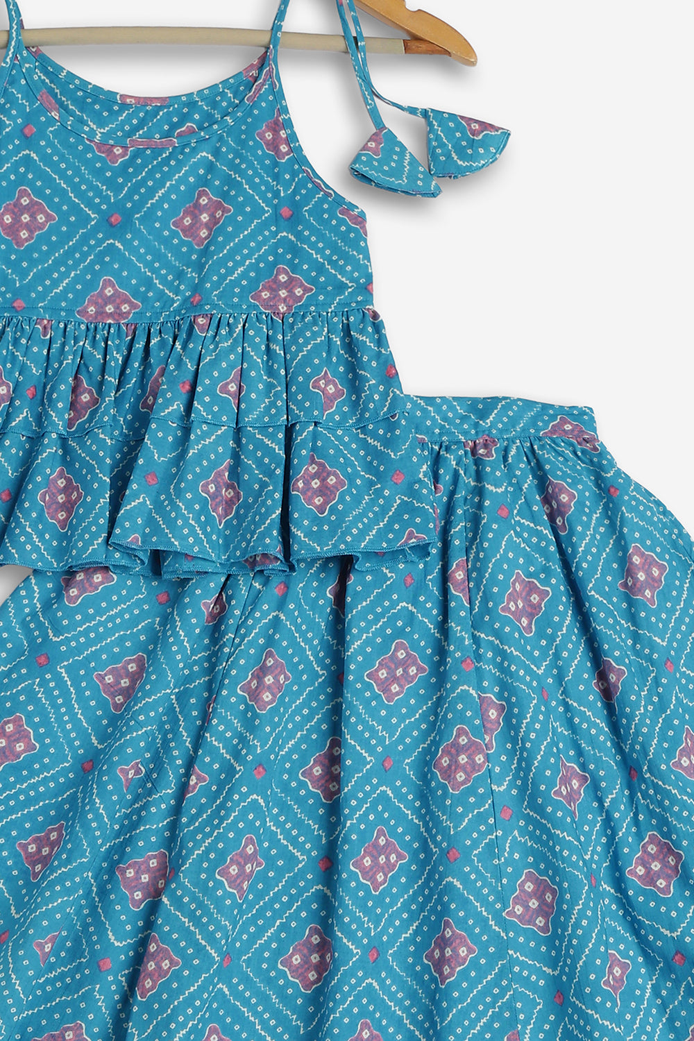 Chittythali Girls Cotton Bandhani Pavadai Set | Layered Peplum Top & Kali Skirt | Traditional Ethnic Pattu Pavadai Style Dress for Girls - PS26