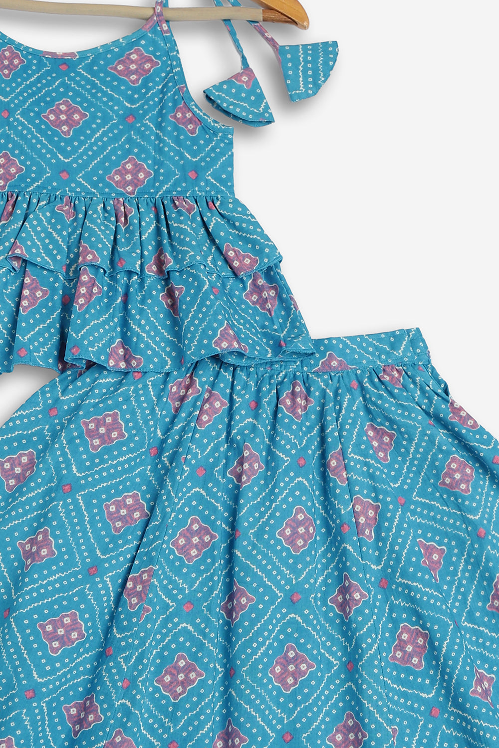 Chittythali Girls Cotton Bandhani Pavadai Set | Layered Peplum Top & Kali Skirt | Traditional Ethnic Pattu Pavadai Style Dress for Girls - PS26