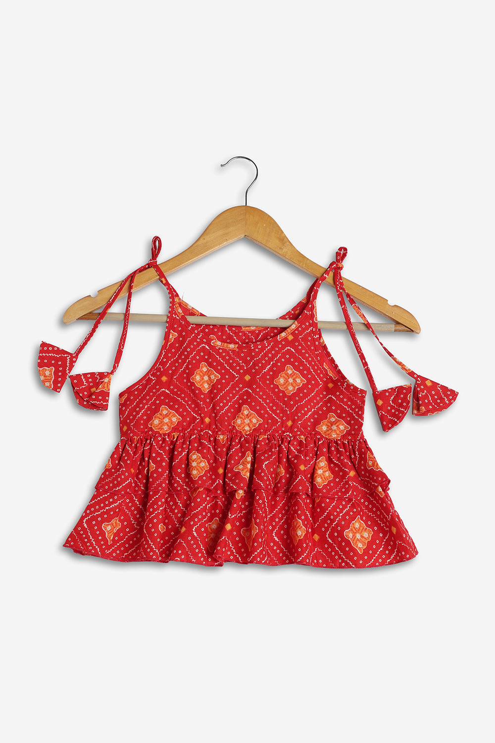 Chittythali Girls Cotton Bandhani Pavadai Set | Layered Peplum Top & Kali Skirt | Traditional Ethnic Pattu Pavadai Style Dress for Girls - PS26