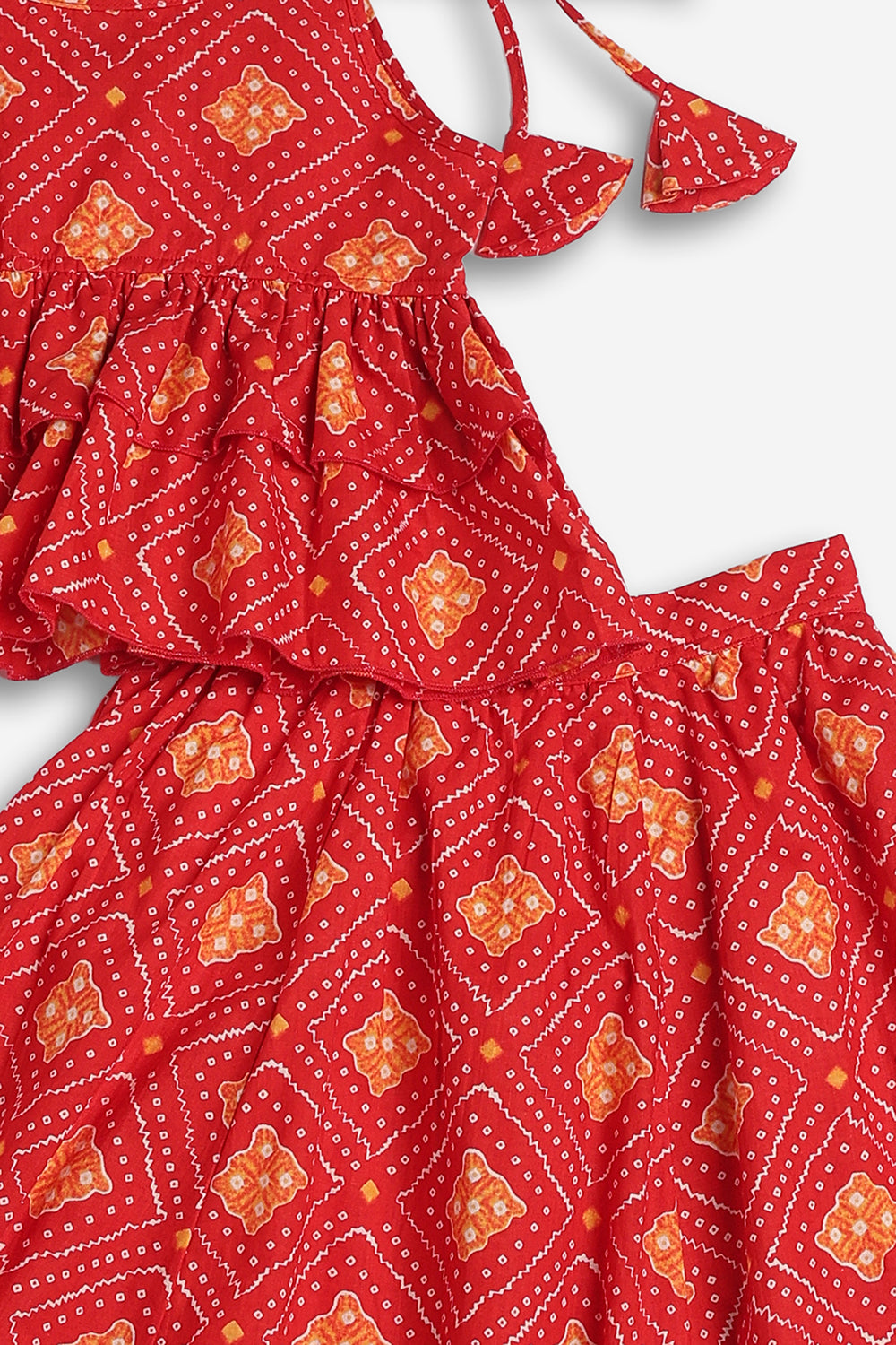 Chittythali Girls Cotton Bandhani Pavadai Set | Layered Peplum Top & Kali Skirt | Traditional Ethnic Pattu Pavadai Style Dress for Girls - PS26