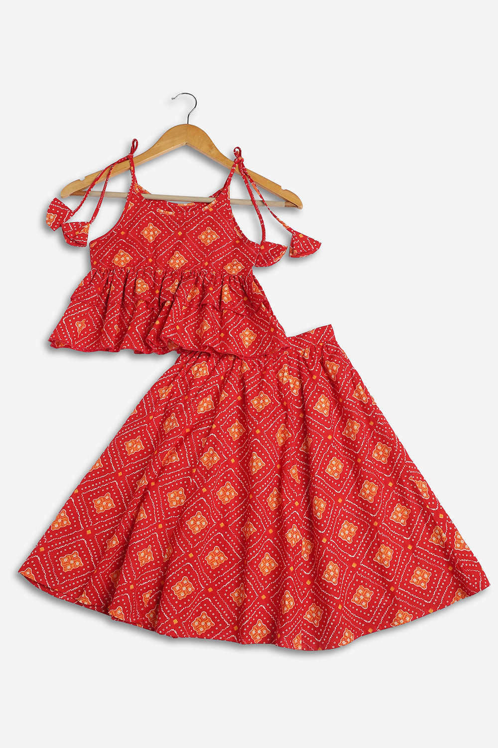 Chittythali Girls Cotton Bandhani Pavadai Set | Layered Peplum Top & Kali Skirt | Traditional Ethnic Pattu Pavadai Style Dress for Girls - PS26