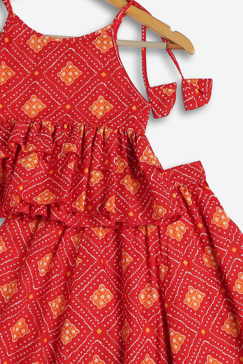 Chittythali Girls Cotton Bandhani Pavadai Set | Layered Peplum Top & Kali Skirt | Traditional Ethnic Pattu Pavadai Style Dress for Girls - PS26