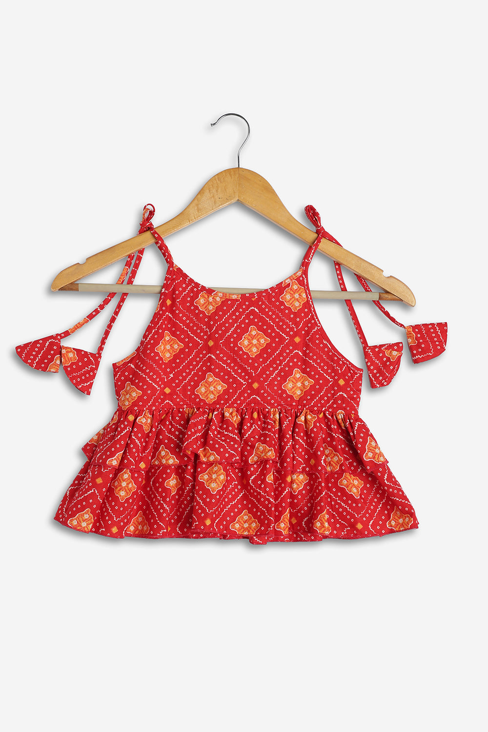 Chittythali Girls Cotton Bandhani Pavadai Set | Layered Peplum Top & Kali Skirt | Traditional Ethnic Pattu Pavadai Style Dress for Girls - PS26