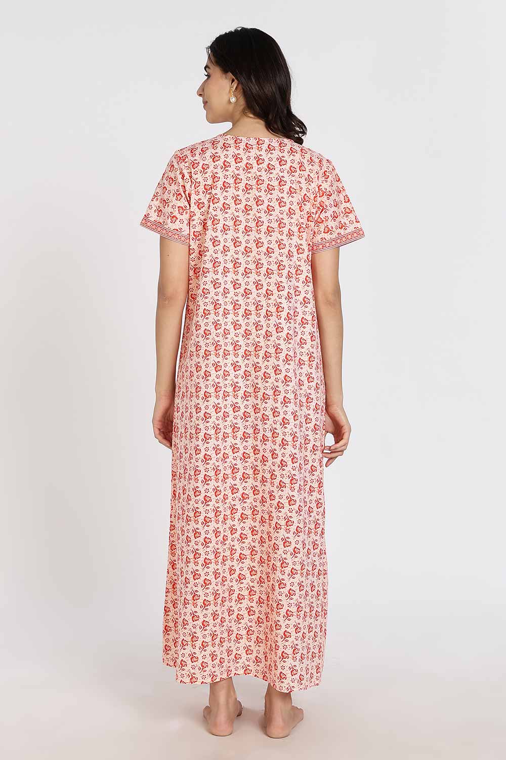 Naidu Hall Women's Full-Length Cotton Nighty – V-Neck with Contrast Patchwork & Floral Butta Print - Orange - NA38
