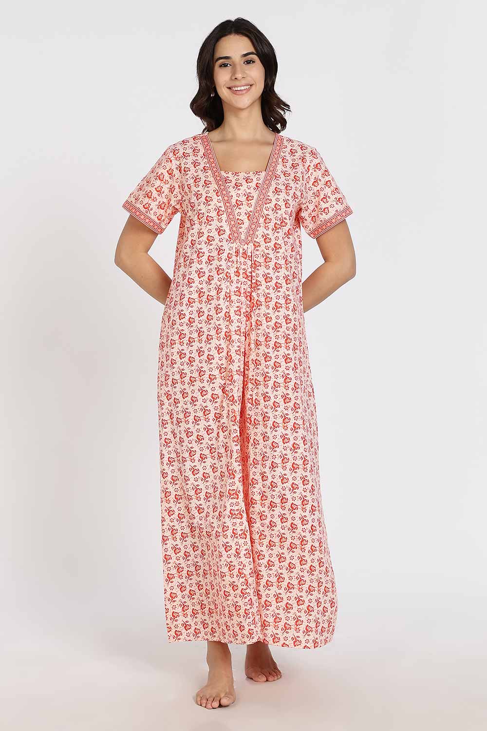Naidu Hall Women’s Full-Length Cotton Nighty – V-Neck with Contrast Patchwork & Floral Butta Print - Orange - NA38