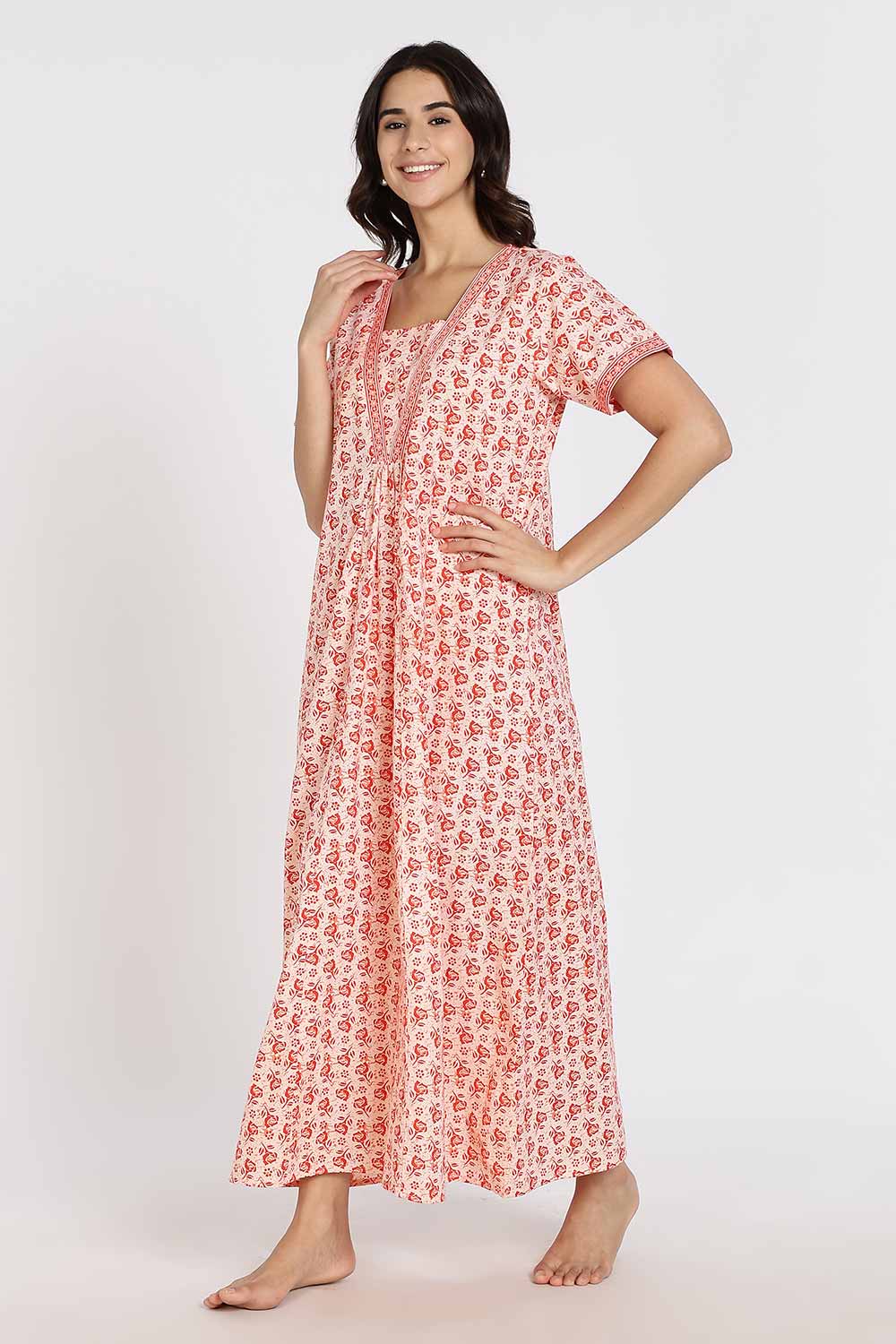 Naidu Hall Women’s Full-Length Cotton Nighty – V-Neck with Contrast Patchwork & Floral Butta Print - Orange - NA38
