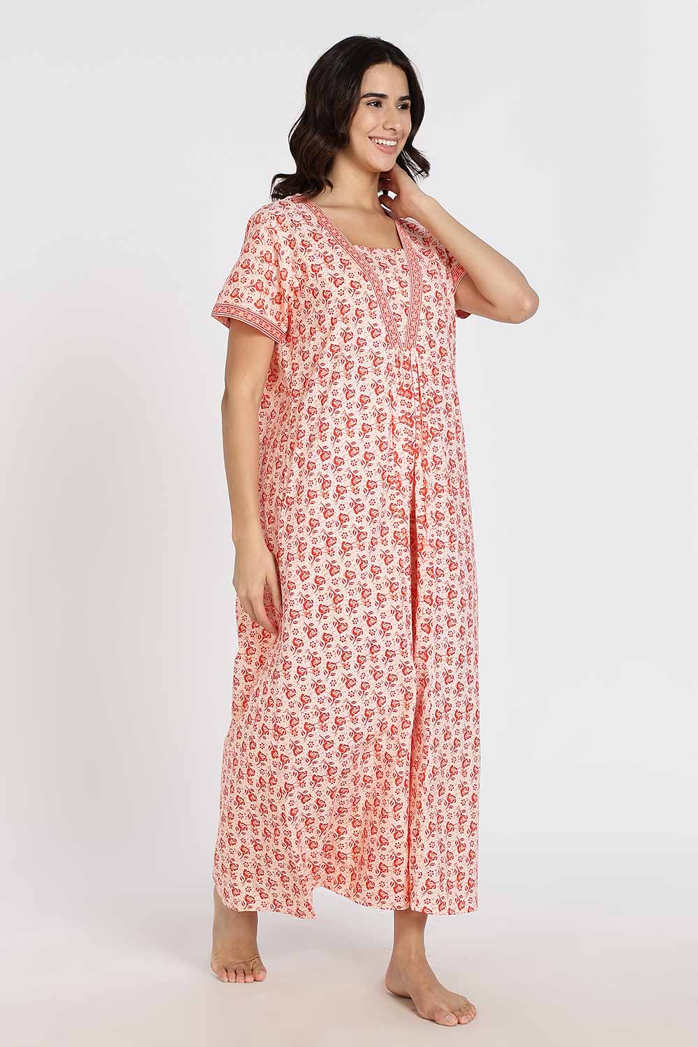 Naidu Hall Women's Full-Length Cotton Nighty – V-Neck with Contrast Patchwork & Floral Butta Print - Orange - NA38