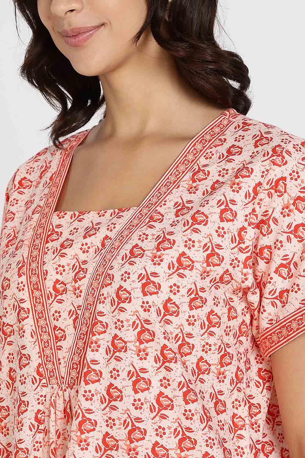 Naidu Hall Women's Full-Length Cotton Nighty – V-Neck with Contrast Patchwork & Floral Butta Print - Orange - NA38