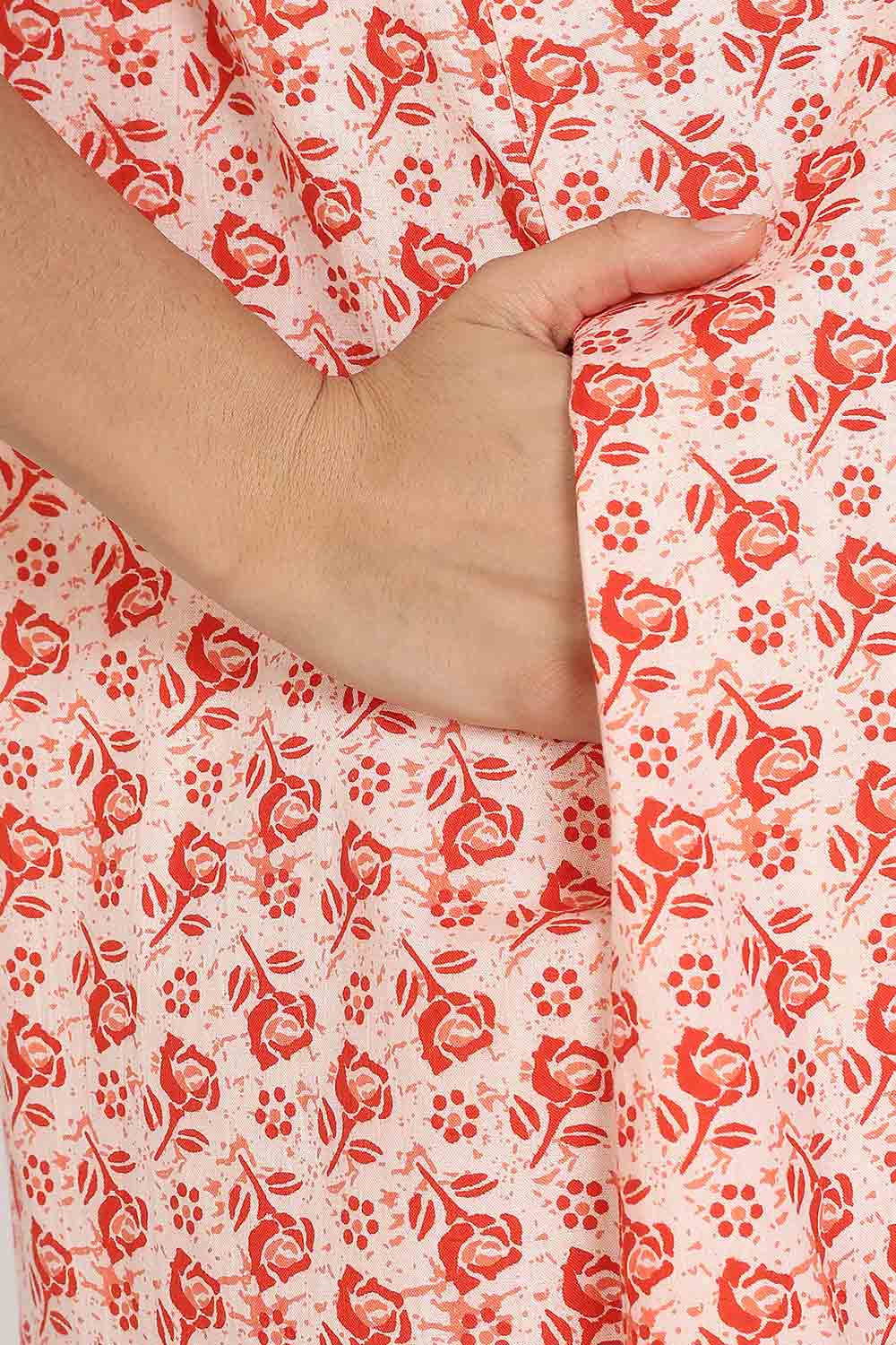 Naidu Hall Women's Full-Length Cotton Nighty – V-Neck with Contrast Patchwork & Floral Butta Print - Orange - NA38