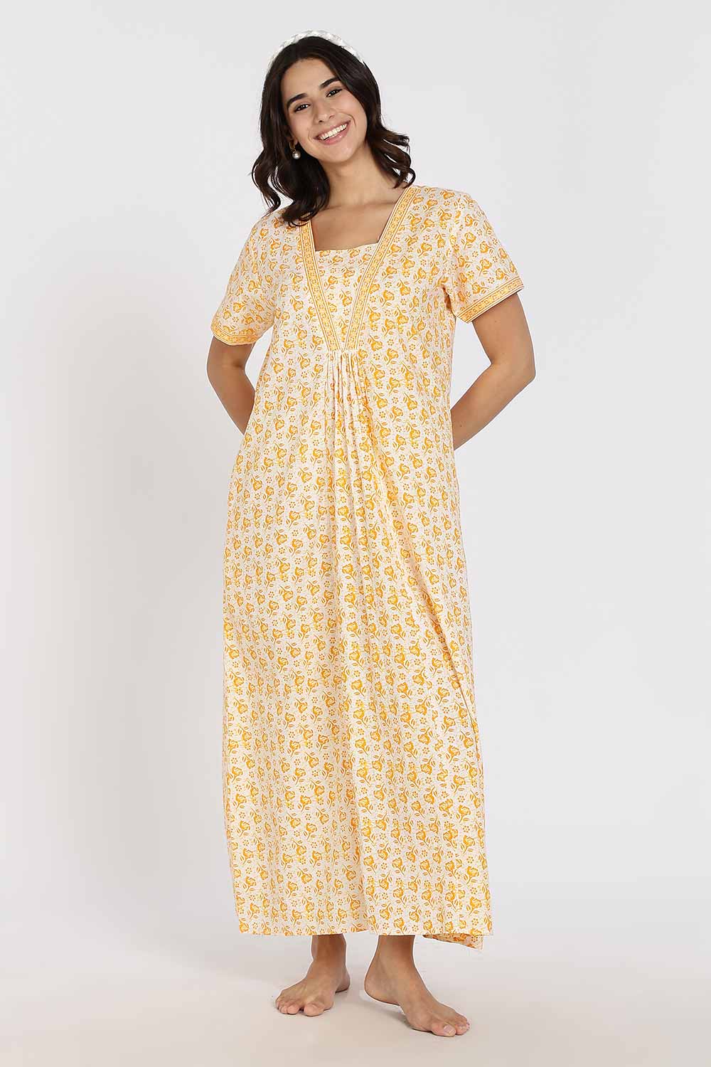 Naidu Hall Women’s Full-Length Cotton Nighty – V-Neck with Contrast Patchwork & Floral Butta Print - Yellow - NA38
