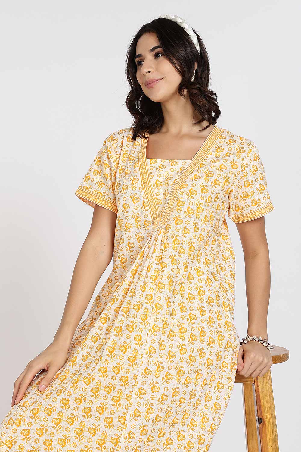 Naidu Hall Women’s Full-Length Cotton Nighty – V-Neck with Contrast Patchwork & Floral Butta Print - Yellow - NA38