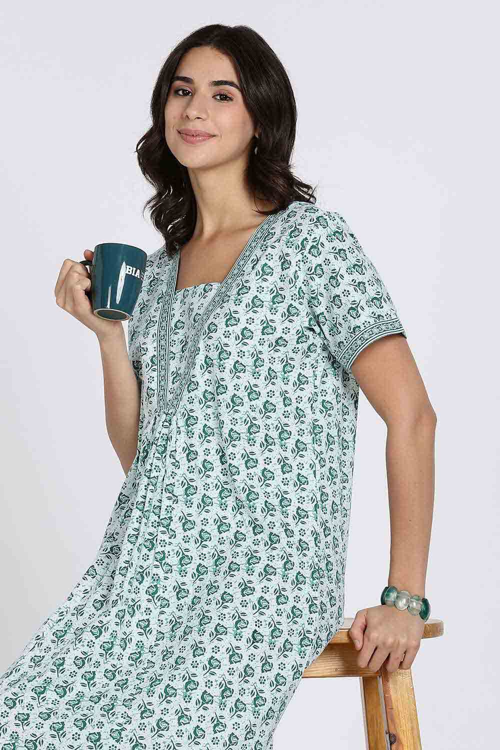 Naidu Hall Women’s Full-Length Cotton Nighty – V-Neck with Contrast Patchwork & Floral Butta Print - Teal - NA38
