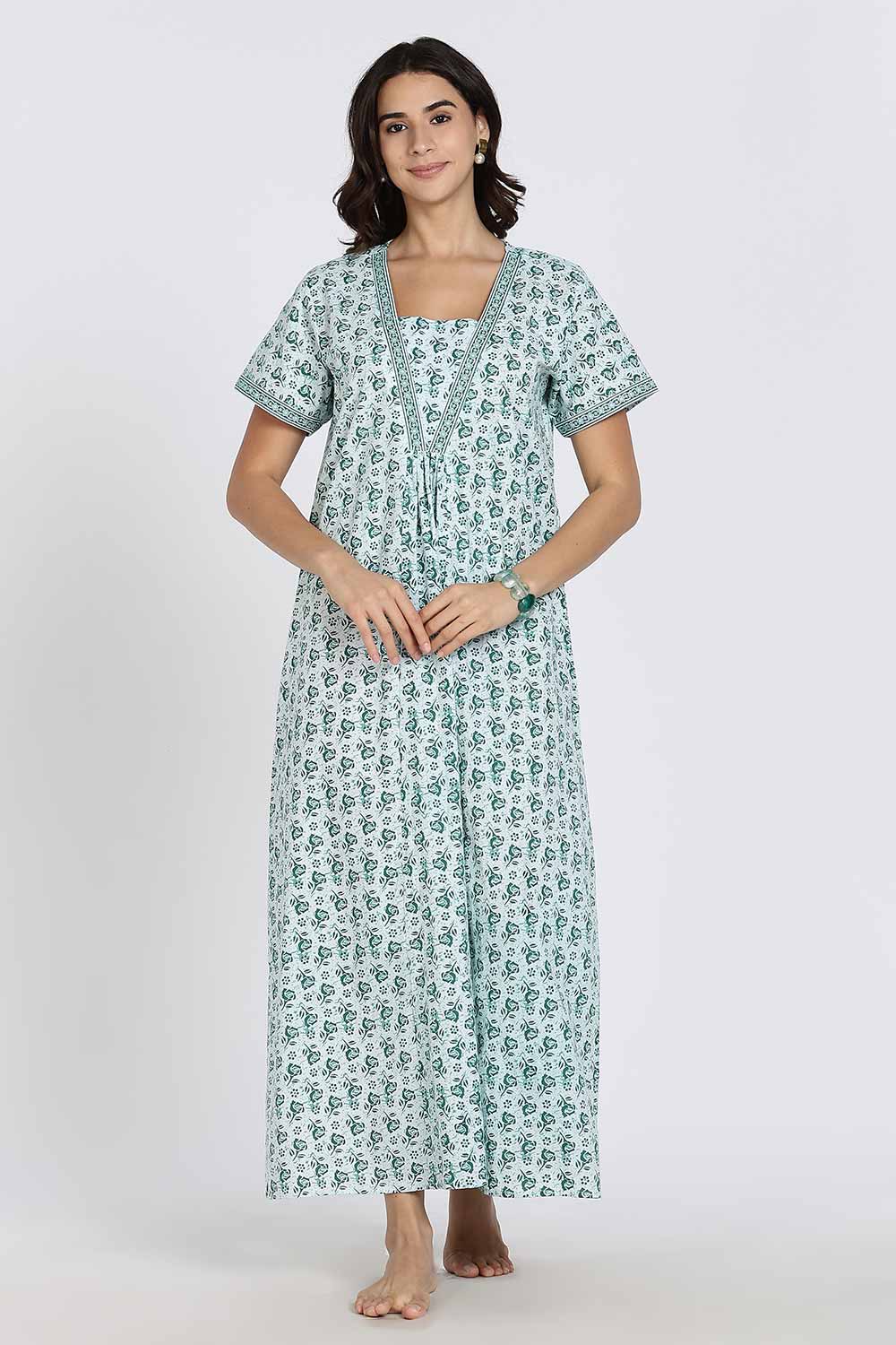 Naidu Hall Women’s Full-Length Cotton Nighty – V-Neck with Contrast Patchwork & Floral Butta Print - Teal - NA38