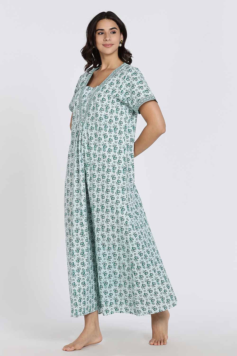 Naidu Hall Women’s Full-Length Cotton Nighty – V-Neck with Contrast Patchwork & Floral Butta Print - Teal - NA38