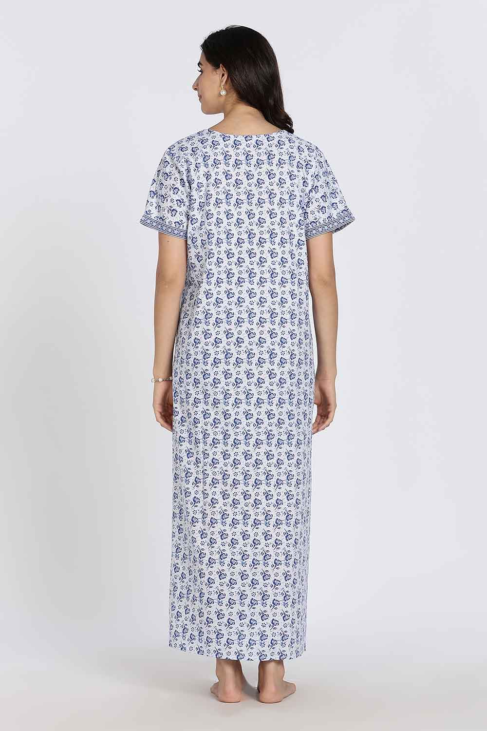 Naidu Hall Women's Full-Length Cotton Nighty – V-Neck with Contrast Patchwork & Floral Butta Print - Blue - NA38