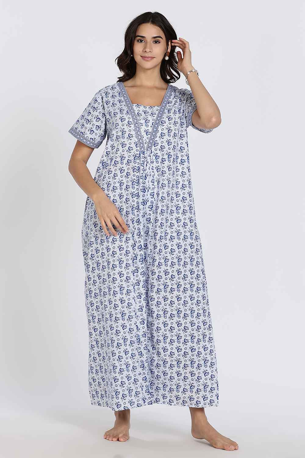 Naidu Hall Women’s Full-Length Cotton Nighty – V-Neck with Contrast Patchwork & Floral Butta Print - Blue - NA38