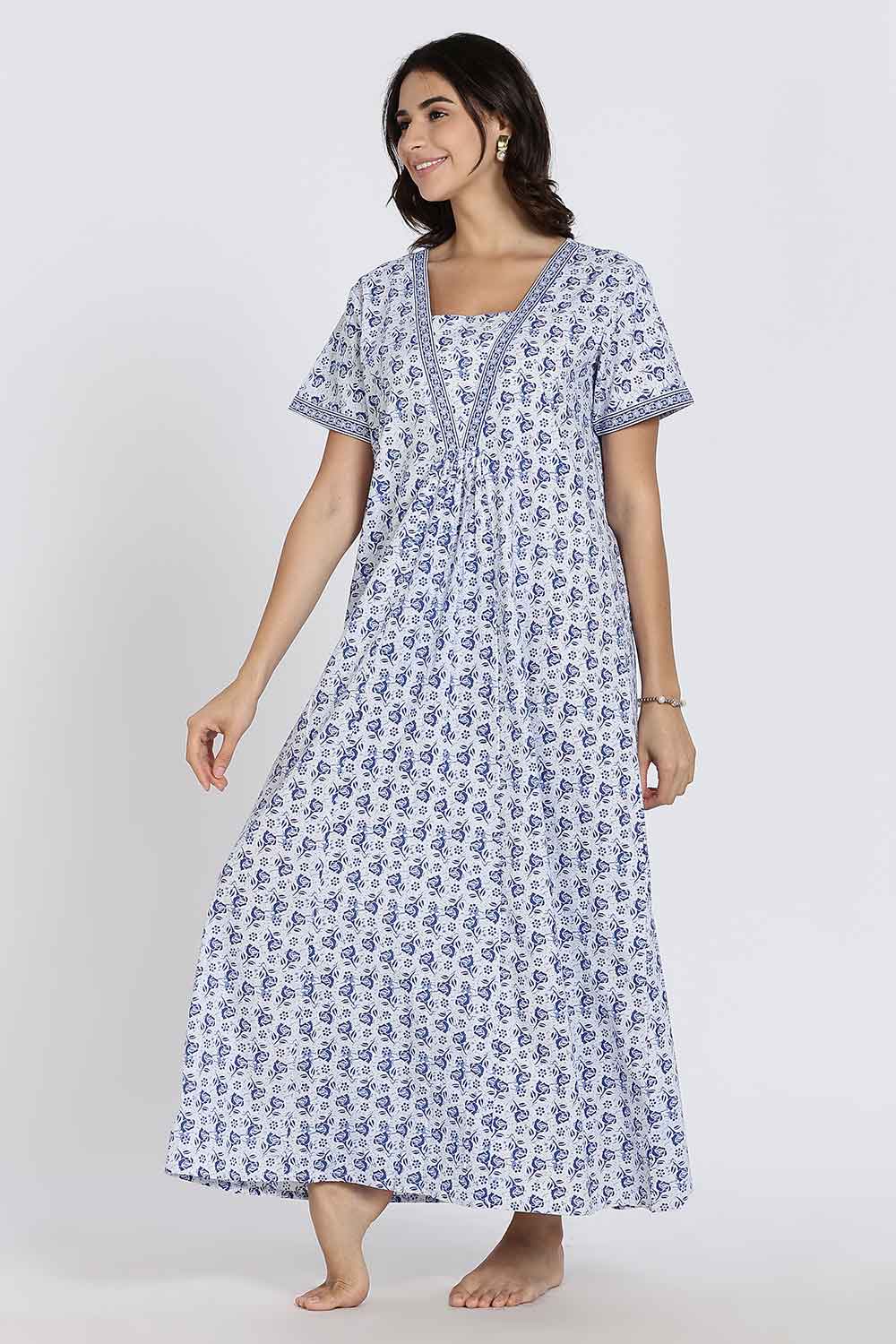 Naidu Hall Women's Full-Length Cotton Nighty – V-Neck with Contrast Patchwork & Floral Butta Print - Blue - NA38