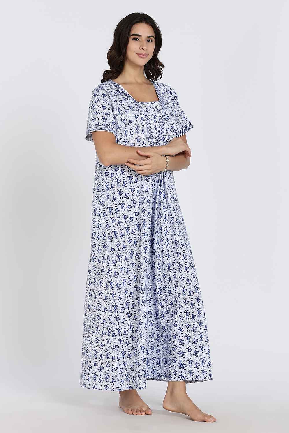 Naidu Hall Women’s Full-Length Cotton Nighty – V-Neck with Contrast Patchwork & Floral Butta Print - Blue - NA38