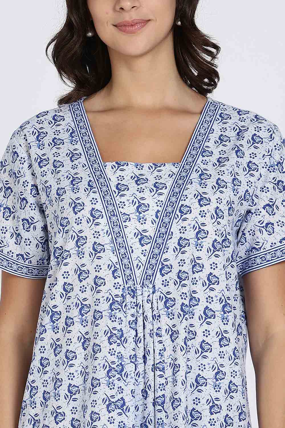 Naidu Hall Women's Full-Length Cotton Nighty – V-Neck with Contrast Patchwork & Floral Butta Print - Blue - NA38