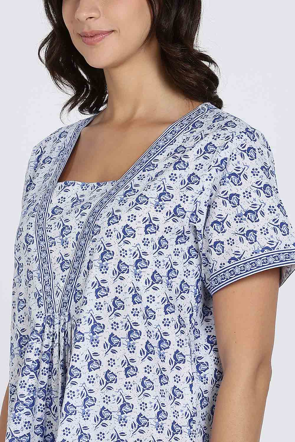 Naidu Hall Women's Full-Length Cotton Nighty – V-Neck with Contrast Patchwork & Floral Butta Print - Blue - NA38