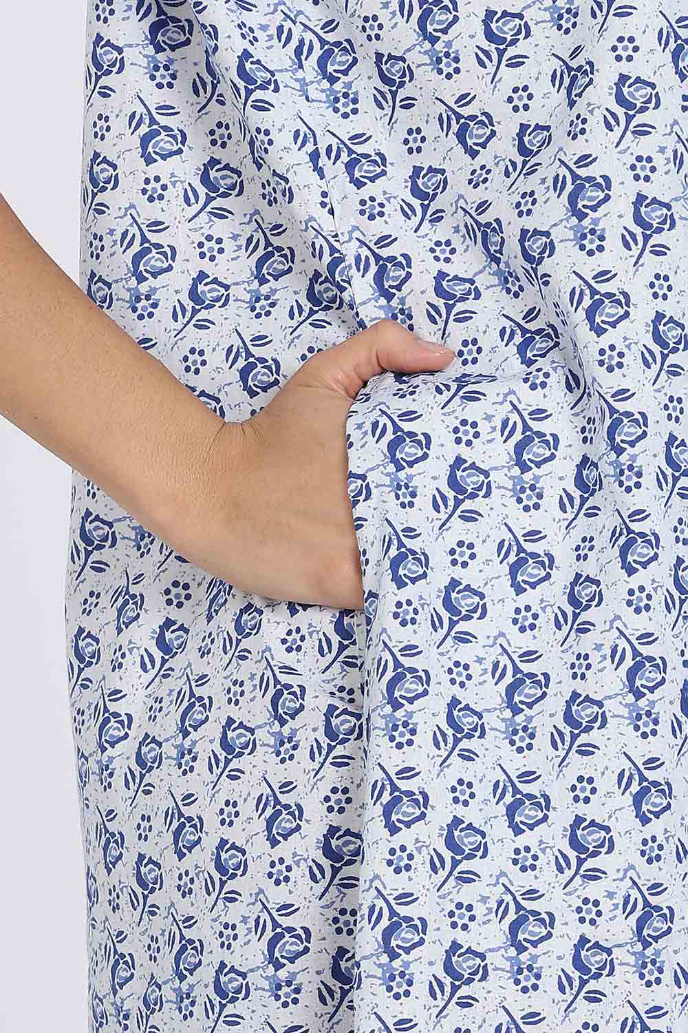 Naidu Hall Women's Full-Length Cotton Nighty – V-Neck with Contrast Patchwork & Floral Butta Print - Blue - NA38