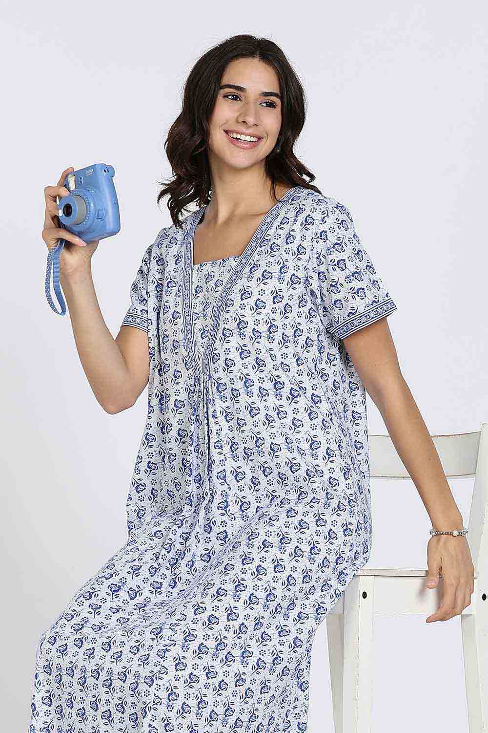 Naidu Hall Women's Full-Length Cotton Nighty – V-Neck with Contrast Patchwork & Floral Butta Print - Blue - NA38
