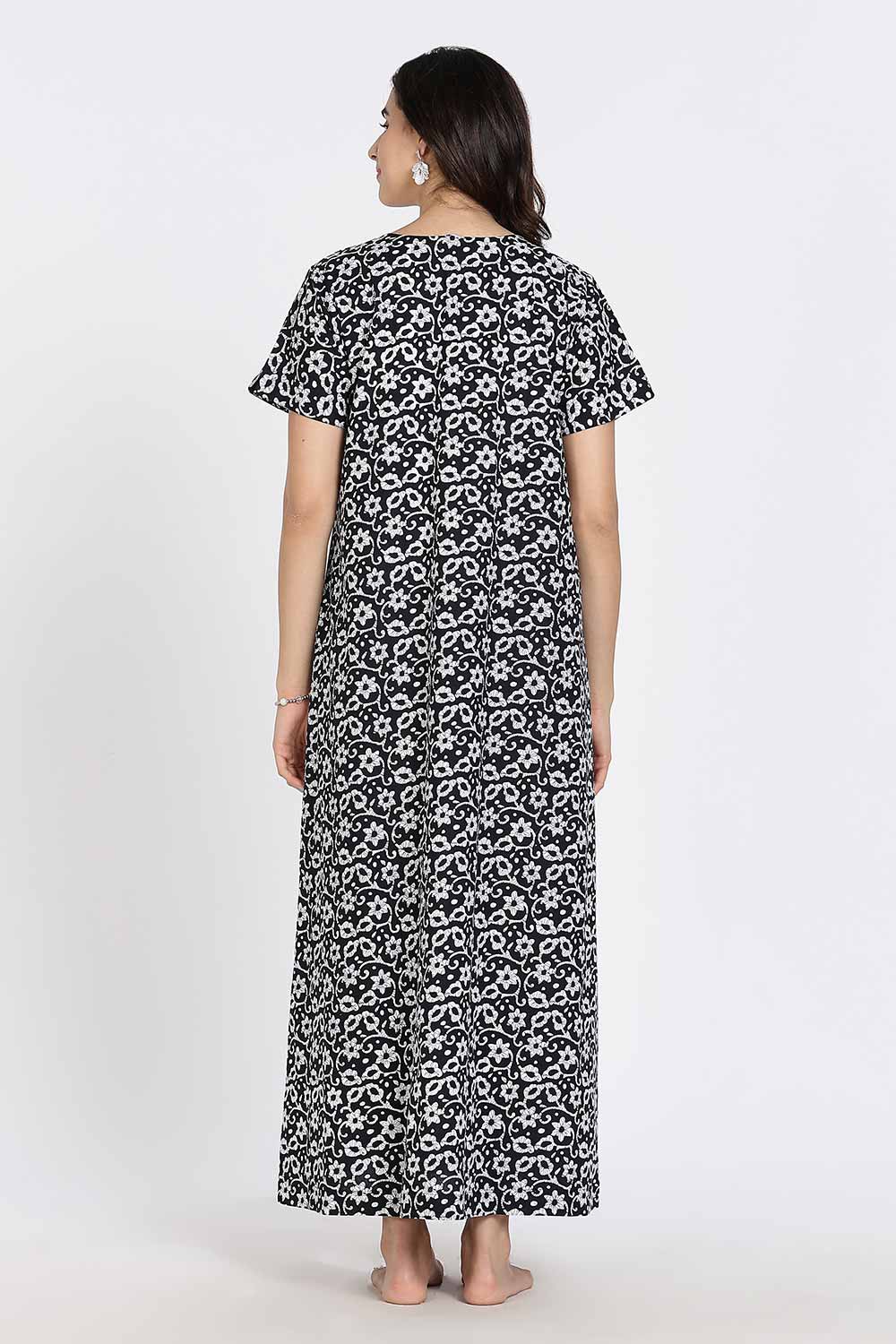 Naidu Hall Naidu Hall Women's Cotton A-Line Nighty with Pocket – Floral Vine Print
 - Black - NA40